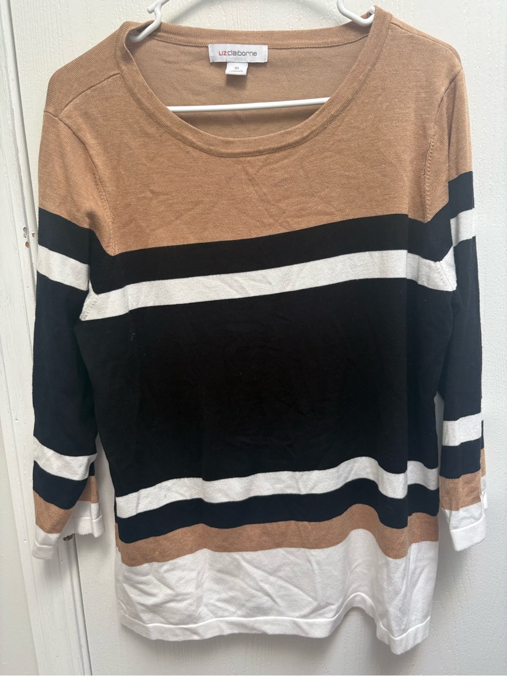 Liz Claiborne Tan Black White Striped Long Sleeve Top
